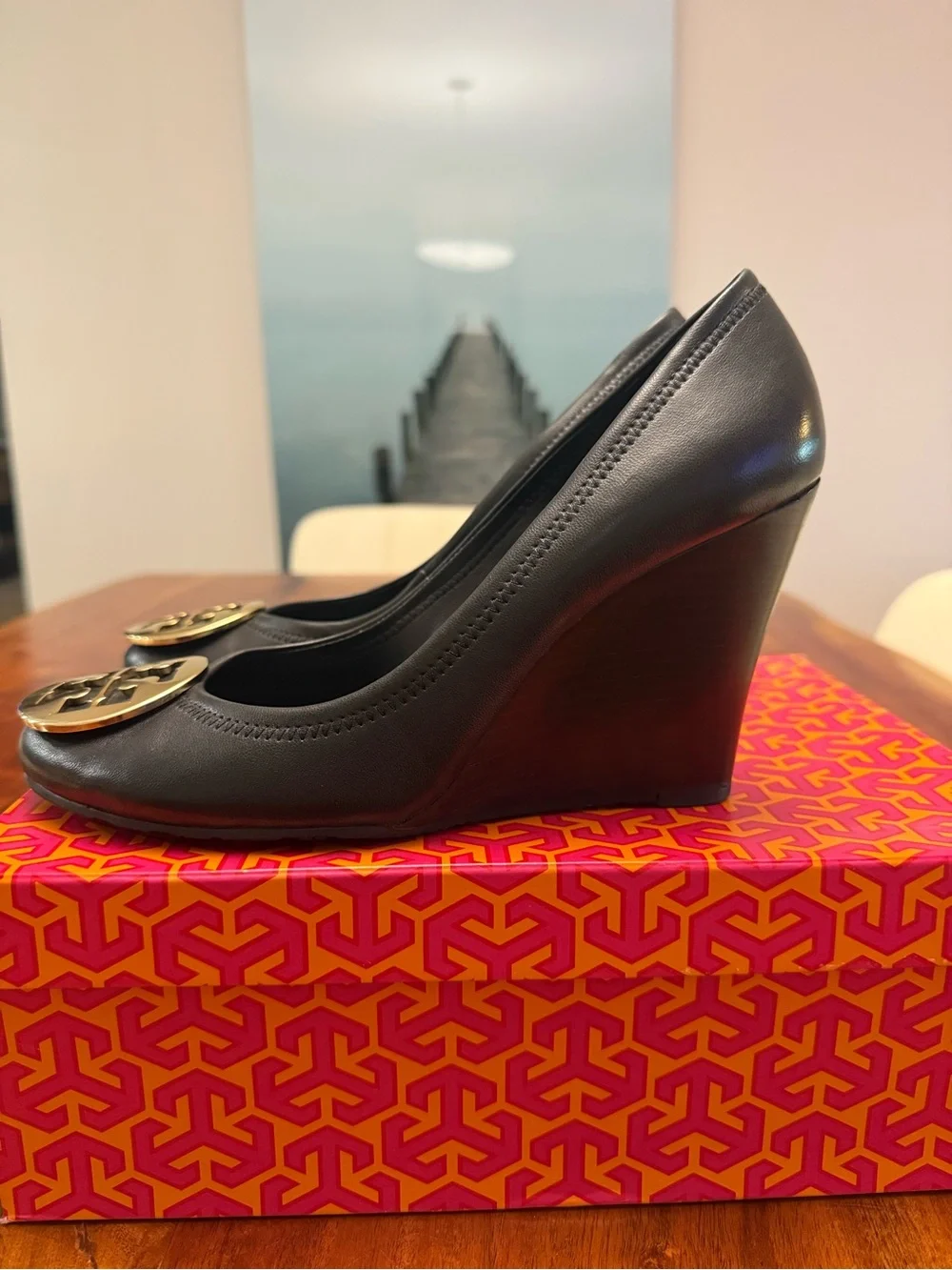 Tory Burch Black Leather Pumps with Gold Logo Medallion